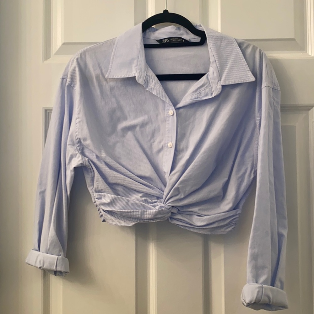 Crop blue/white stripe button down